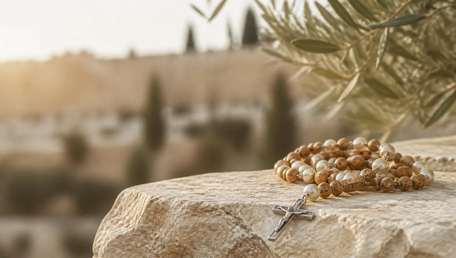 Handcrafted Bethlehem olive wood rosary resting on limestone in the Holy Land